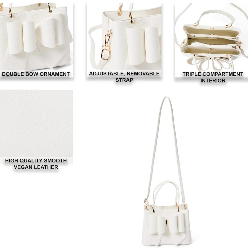 NEW!!! 3D Bow Vegan Leather 3-Way Wear White Satchel, Crossbody, & Shoulder Bag - Picture 11 of 16